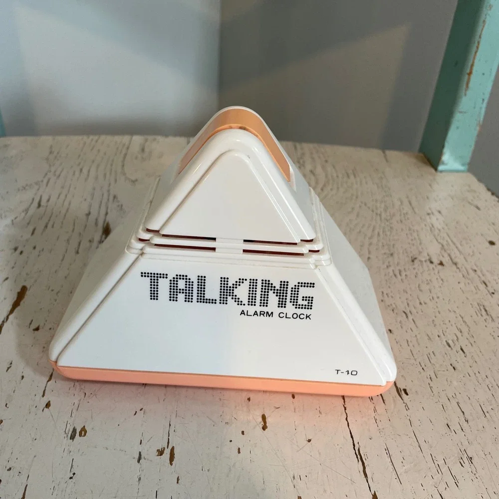 Vintage 80s Talking Alarm Clock T-10 Triangle Pyramid White Peach Retro Tested